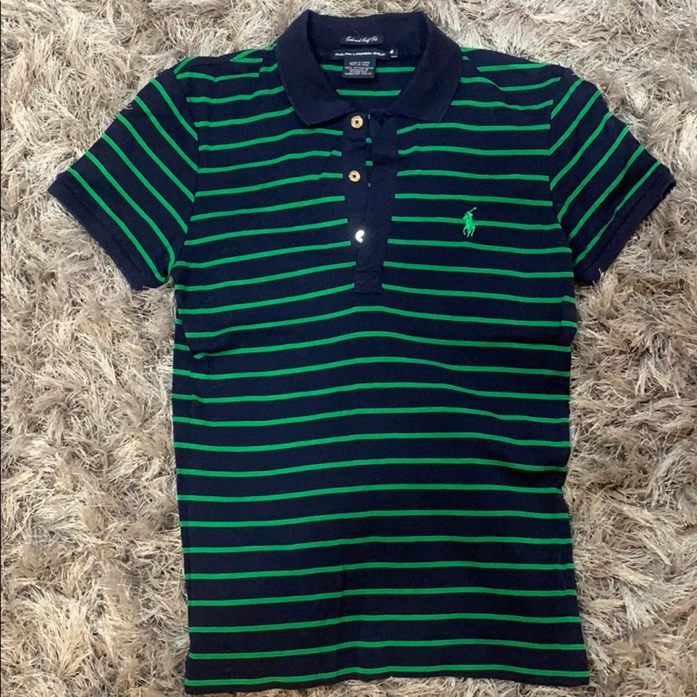 Blue and green striped polo
